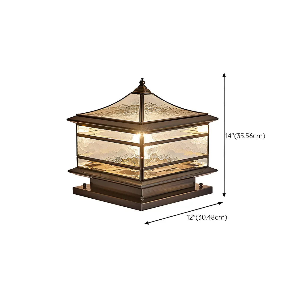 Lampe de poteau câblée en laiton, métal et verre, forme de palais, carrée, en verre et métal.