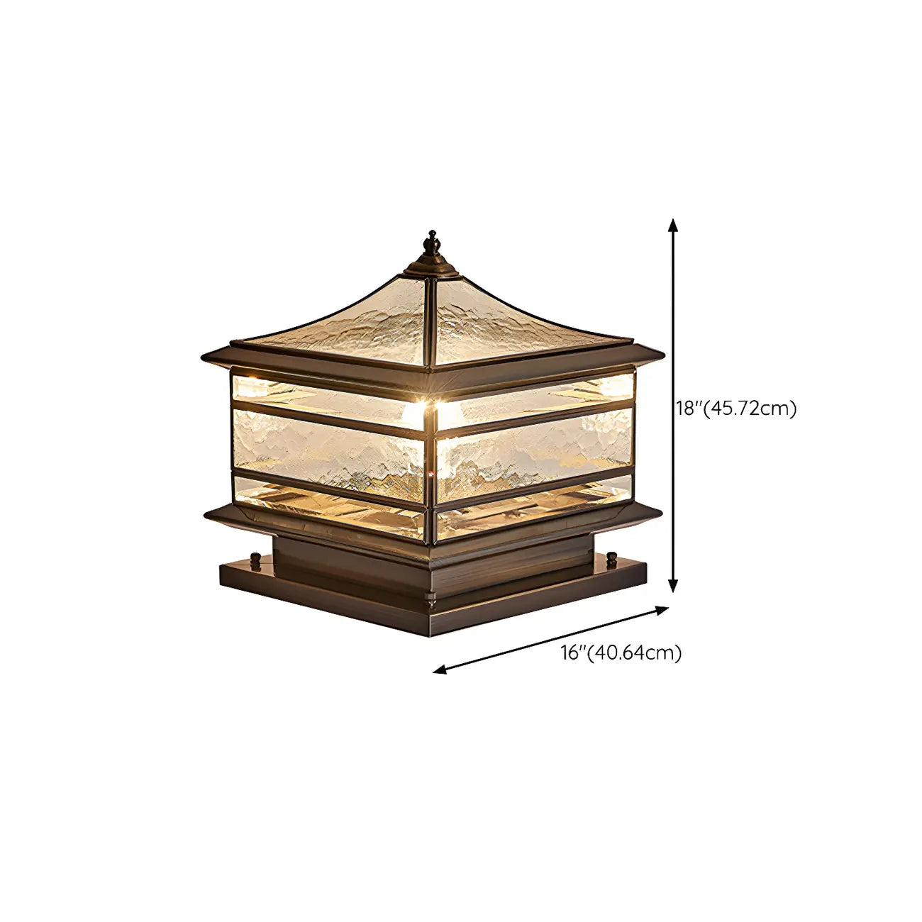 Lampe de poteau câblée en laiton, métal et verre, forme de palais, carrée, en verre et métal.