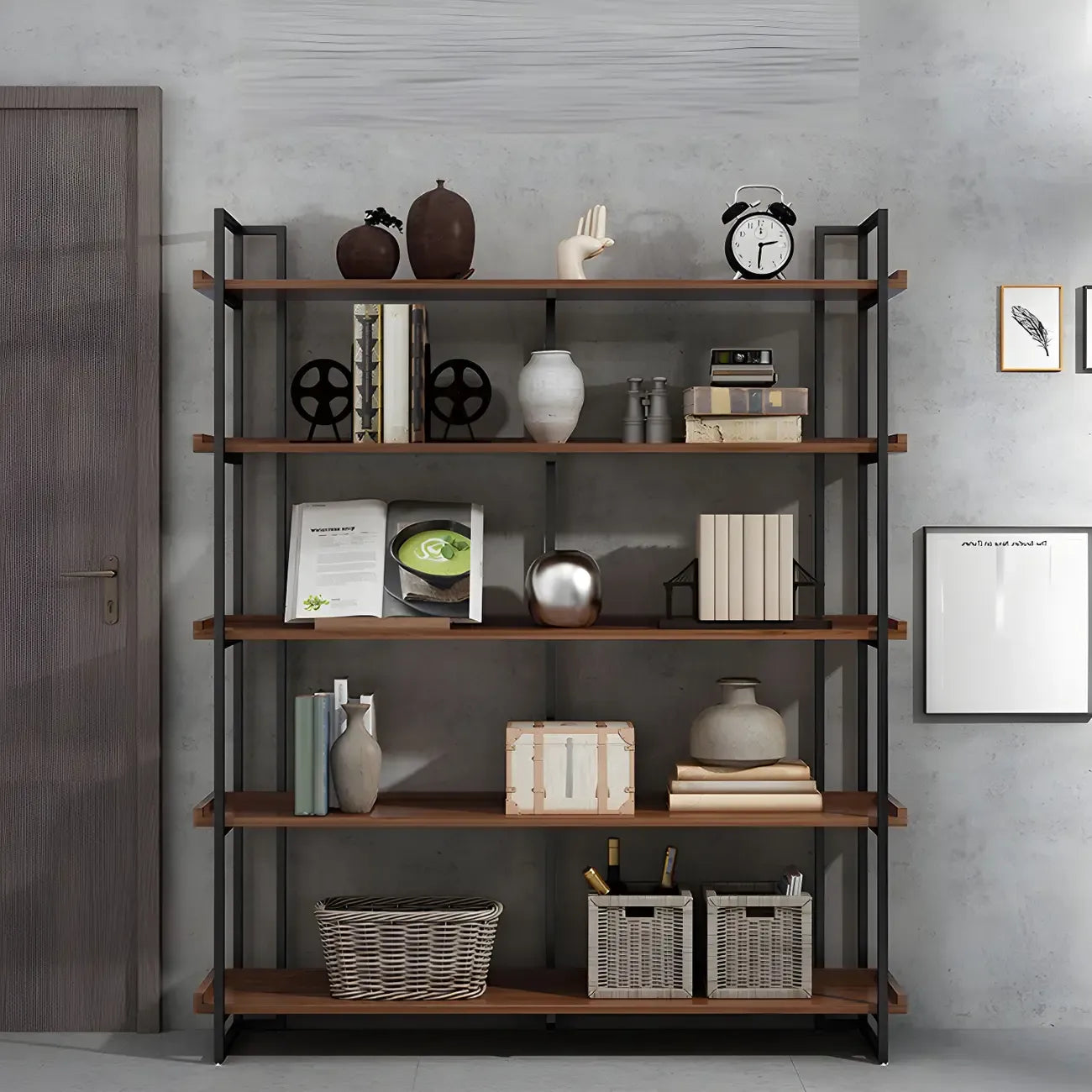 Libreria espositiva industriale a 5 ripiani in metallo e legno marrone