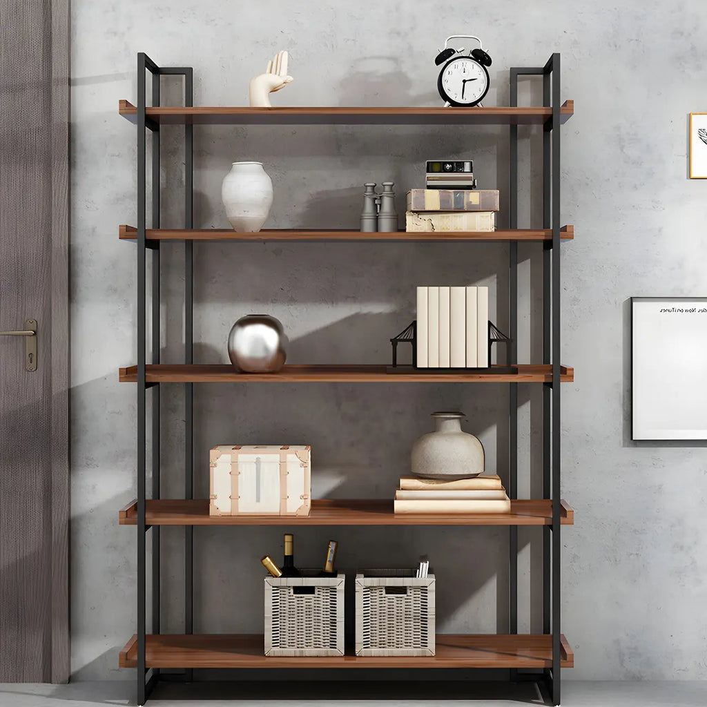 Libreria espositiva industriale a 5 ripiani in metallo e legno marrone