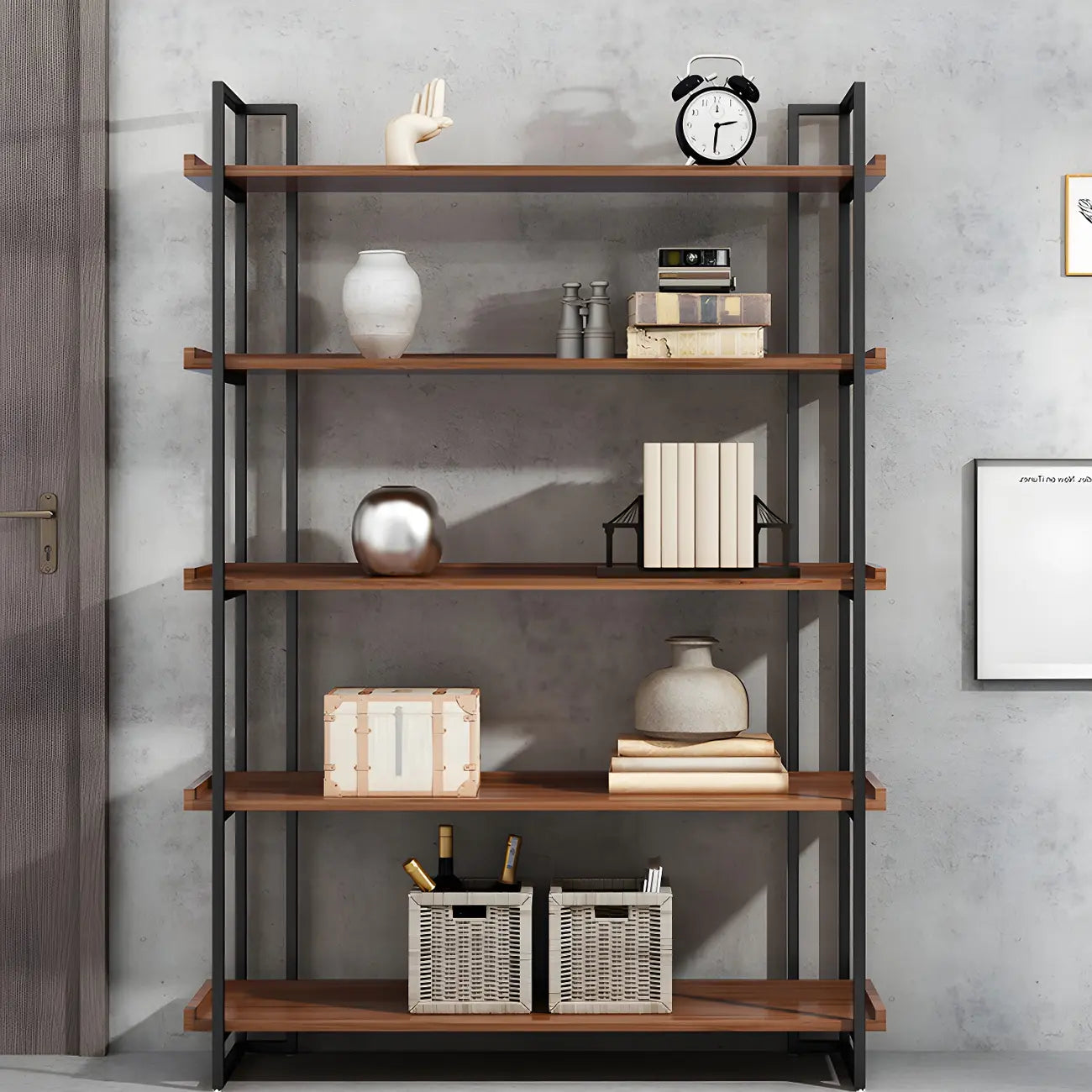 Libreria espositiva industriale a 5 ripiani in metallo e legno marrone