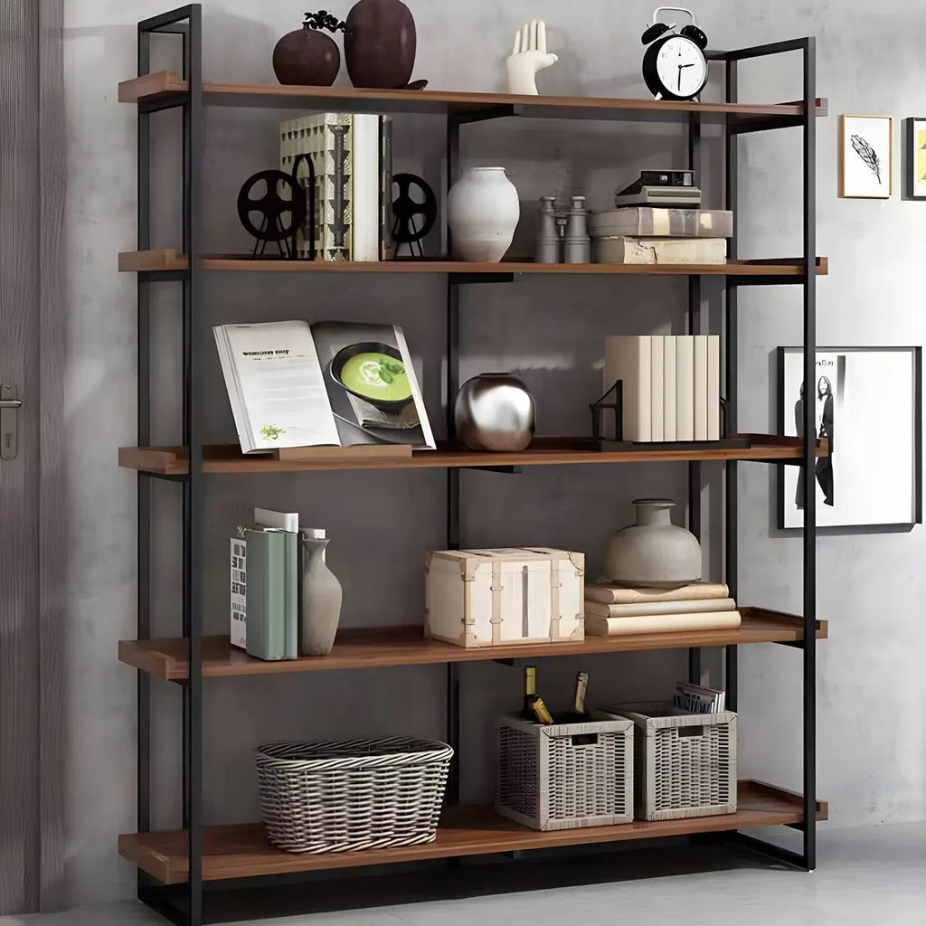 Libreria espositiva industriale a 5 ripiani in metallo e legno marrone