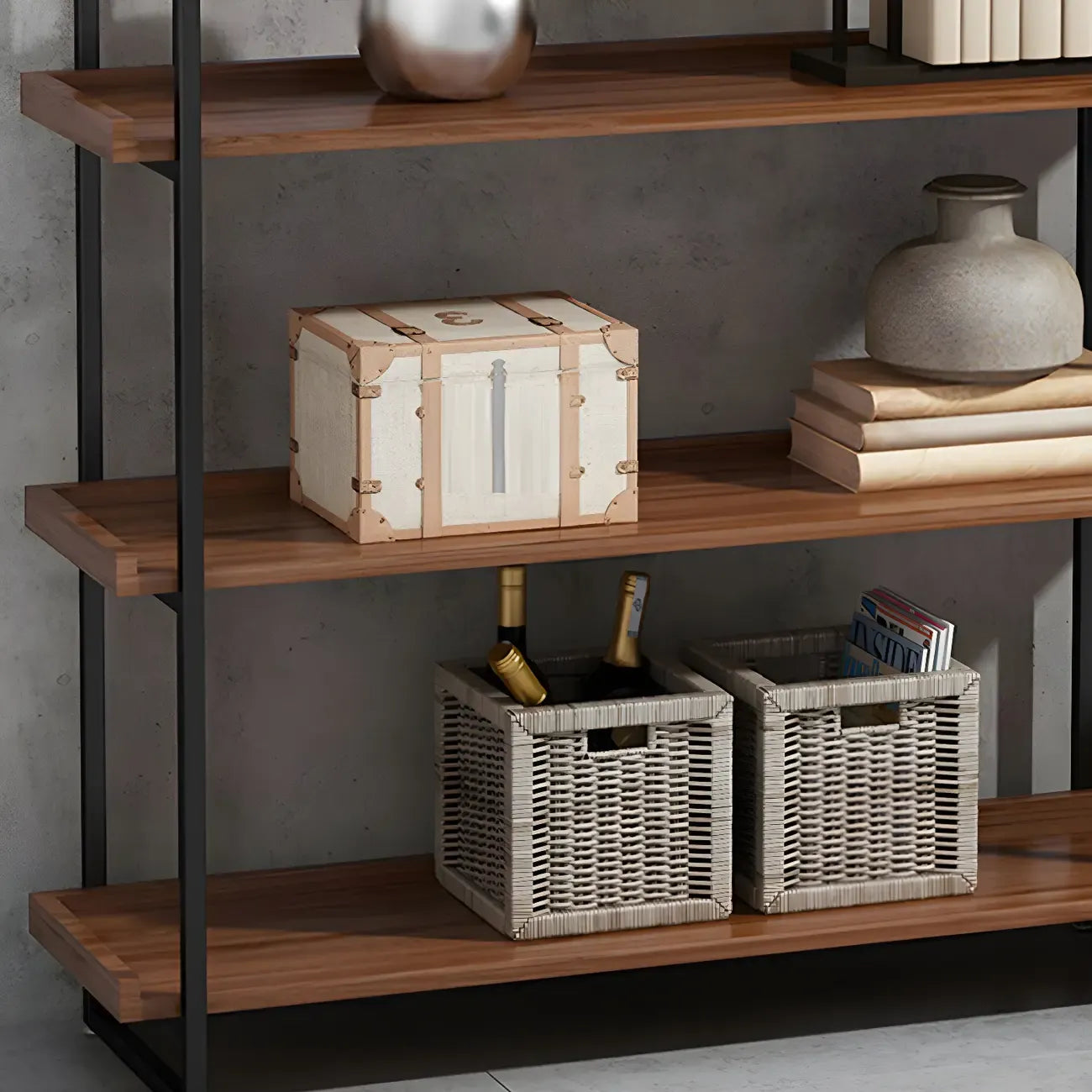 Libreria espositiva industriale a 5 ripiani in metallo e legno marrone