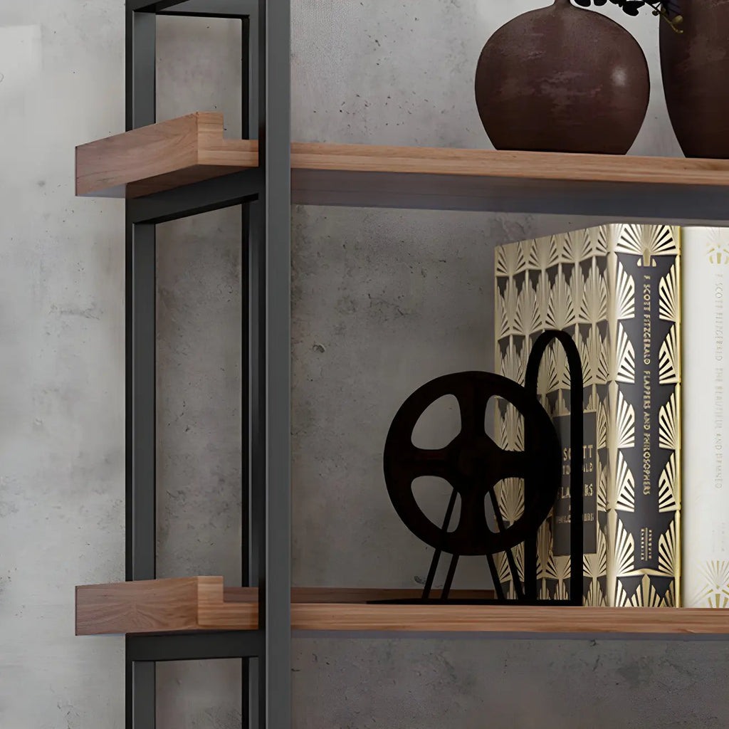 Libreria espositiva industriale a 5 ripiani in metallo e legno marrone