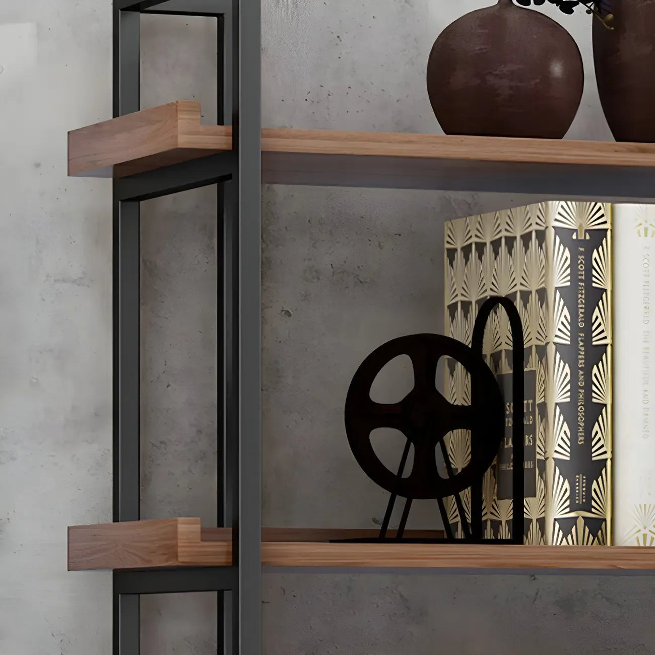 Libreria espositiva industriale a 5 ripiani in metallo e legno marrone