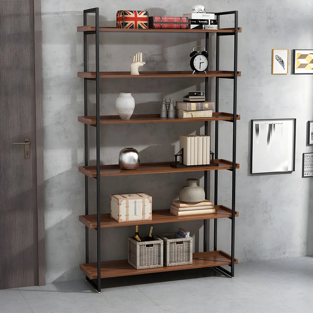 Libreria espositiva industriale a 5 ripiani in metallo e legno marrone