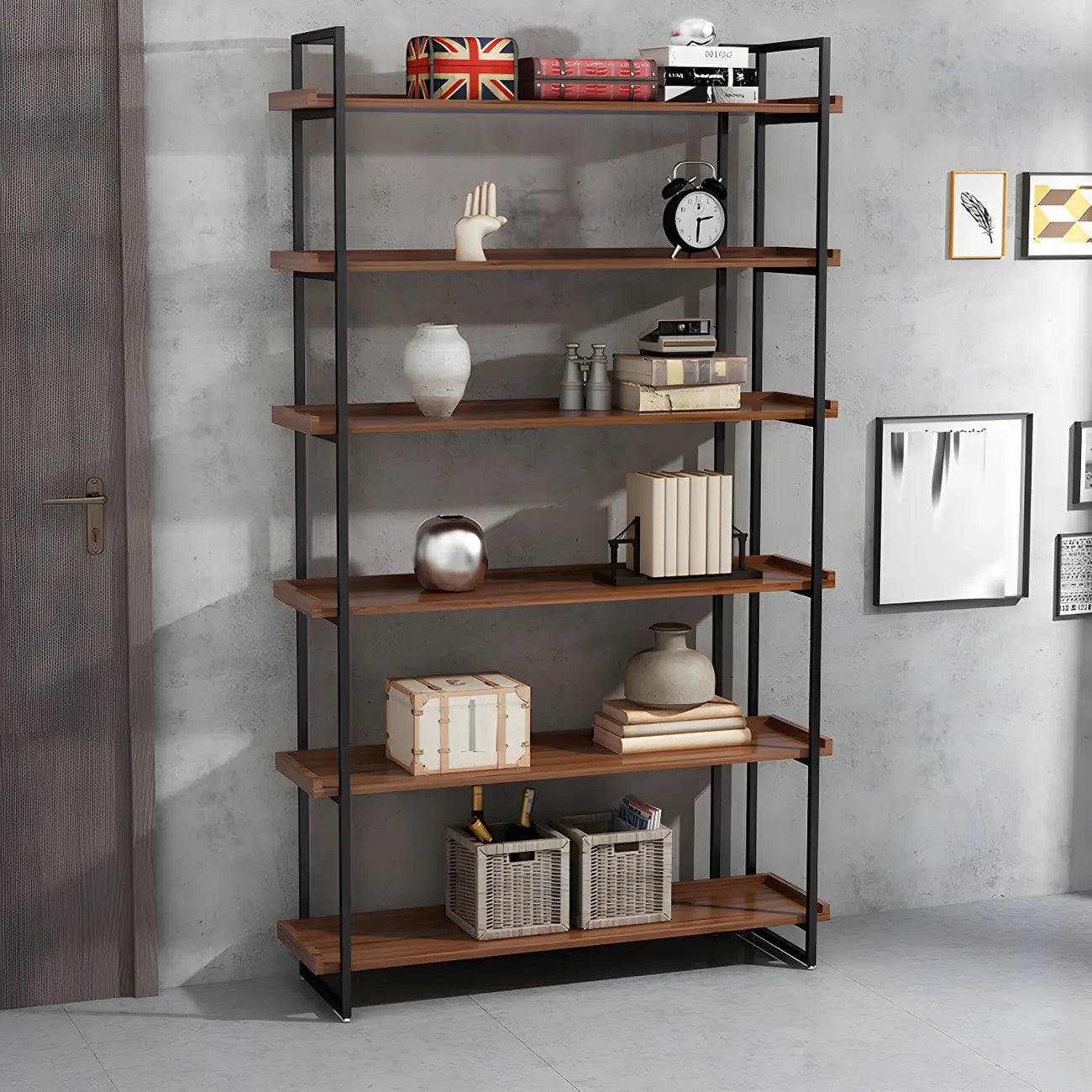 Libreria espositiva industriale a 5 ripiani in metallo e legno marrone