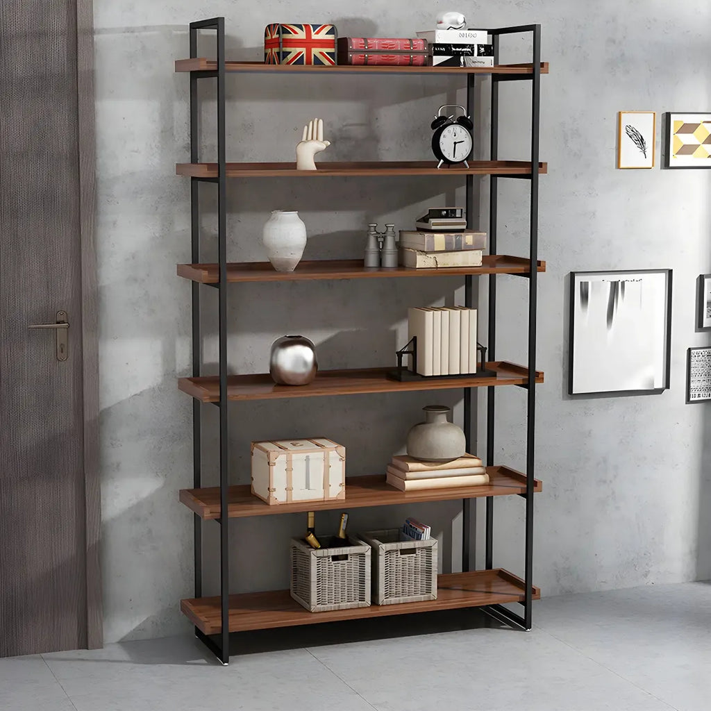 Libreria espositiva industriale a 5 ripiani in metallo e legno marrone