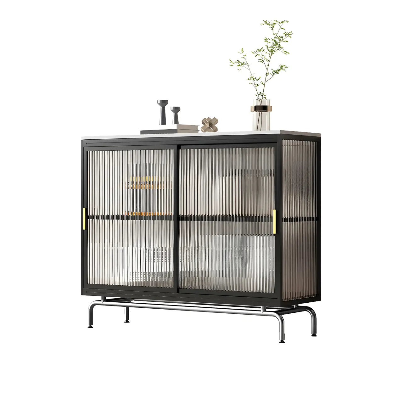 Vitrine à pieds en métal doré avec portes coulissantes en verre