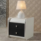 Table de chevet noire luxueuse en bois et cuir brillant, avec 2 tiroirs