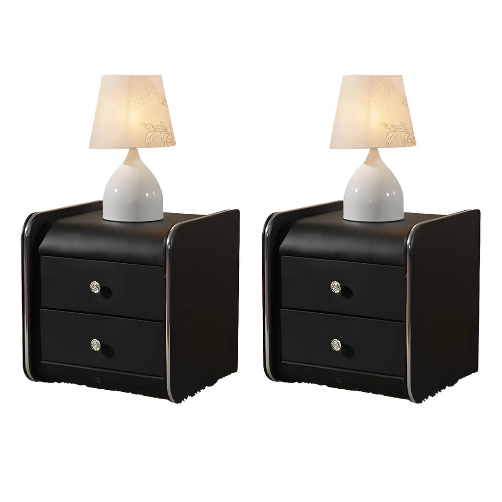 Table de chevet noire luxueuse en bois et cuir brillant, avec 2 tiroirs