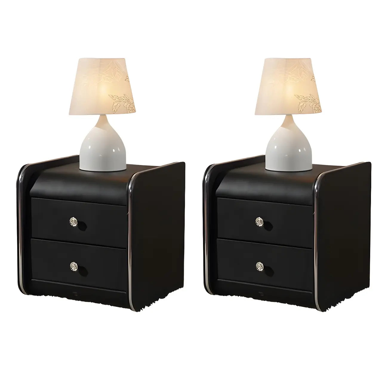 Table de chevet noire luxueuse en bois et cuir brillant, avec 2 tiroirs