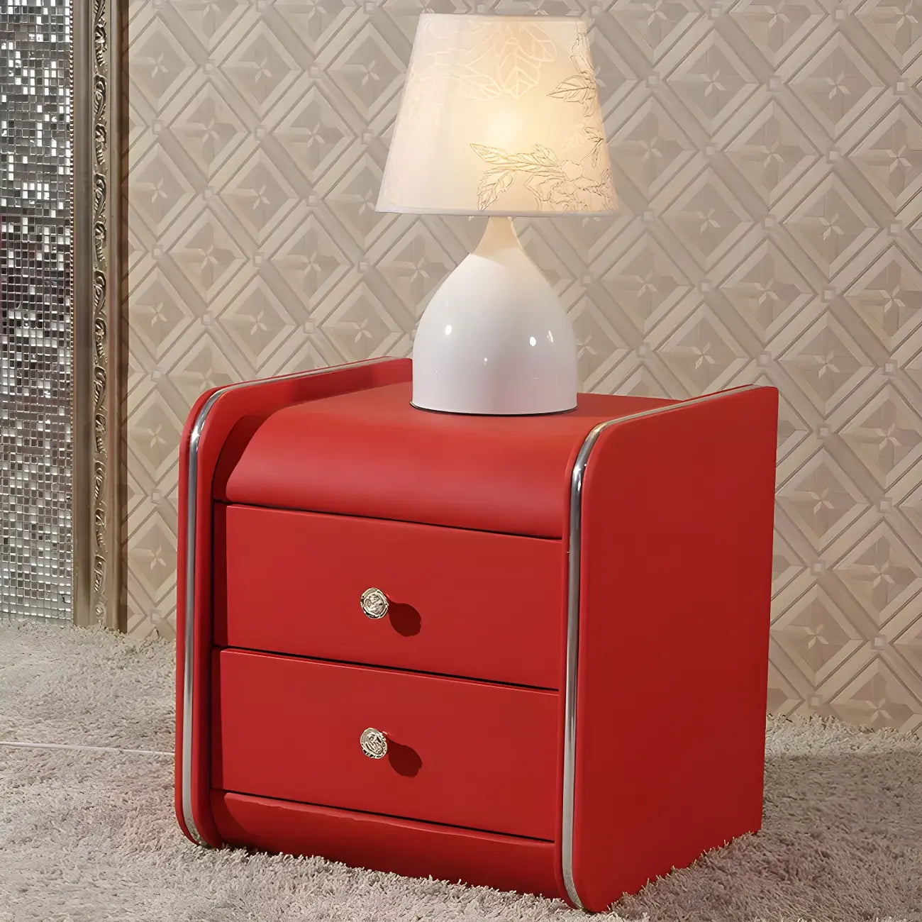 Table de chevet noire luxueuse en bois et cuir brillant, avec 2 tiroirs