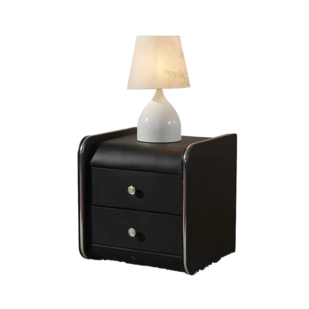 Table de chevet noire luxueuse en bois et cuir brillant, avec 2 tiroirs
