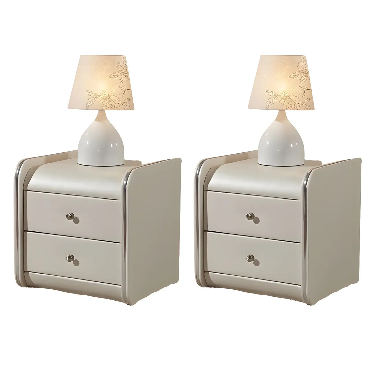 Table de chevet noire luxueuse en bois et cuir brillant, avec 2 tiroirs