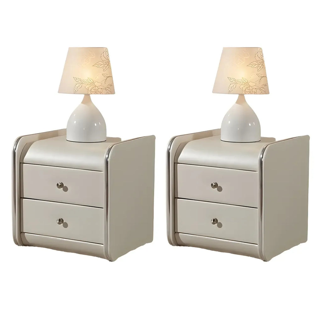 Table de chevet noire luxueuse en bois et cuir brillant, avec 2 tiroirs