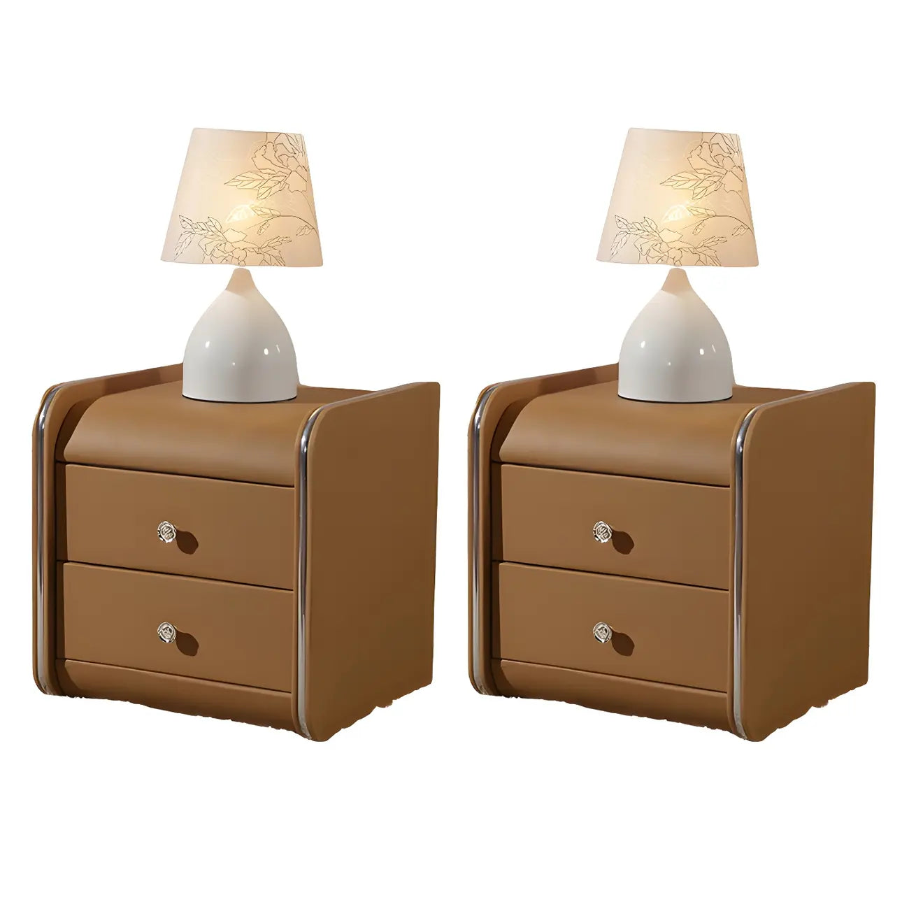 Table de chevet noire luxueuse en bois et cuir brillant, avec 2 tiroirs