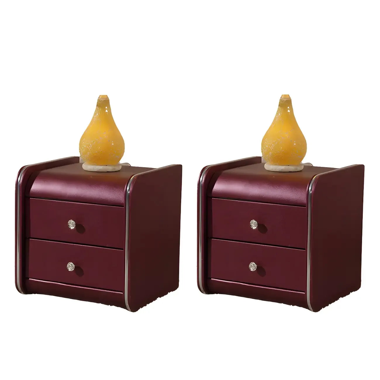 Table de chevet noire luxueuse en bois et cuir brillant, avec 2 tiroirs