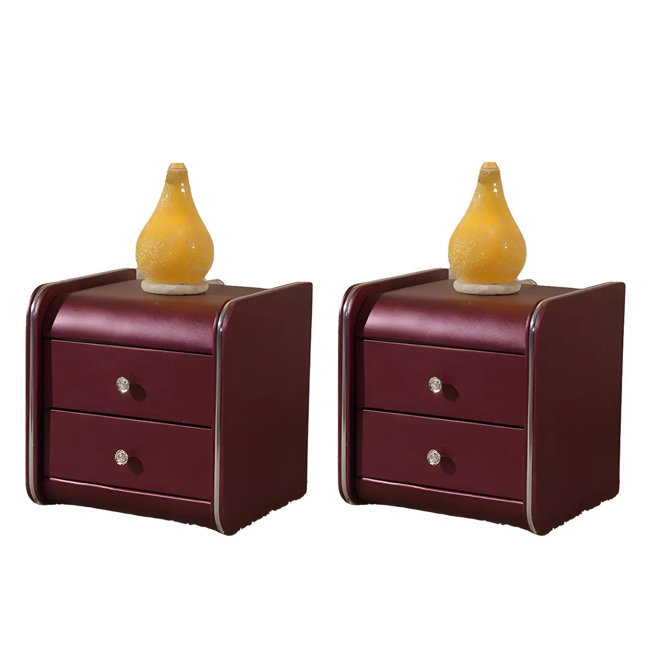 Table de chevet noire luxueuse en bois et cuir brillant, avec 2 tiroirs