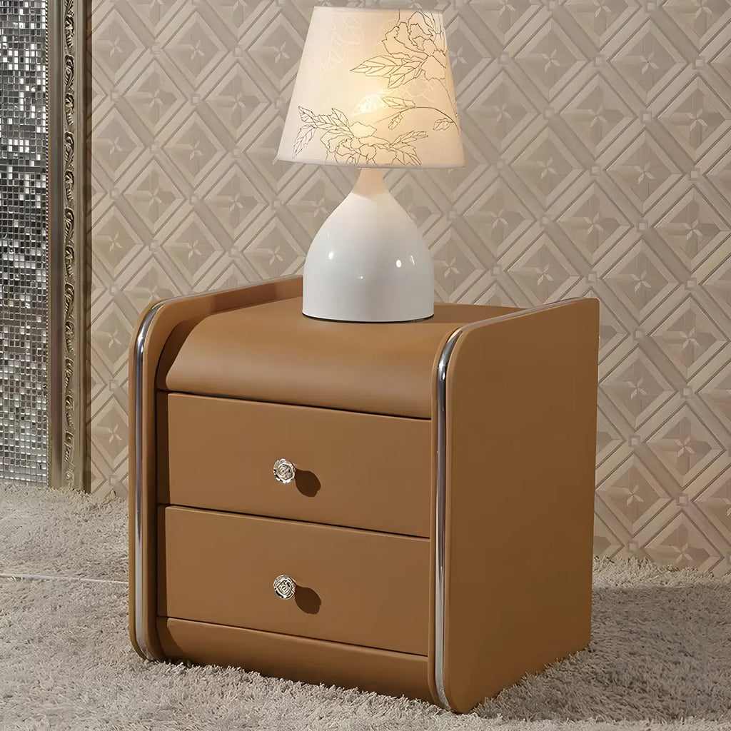 Table de chevet noire luxueuse en bois et cuir brillant, avec 2 tiroirs