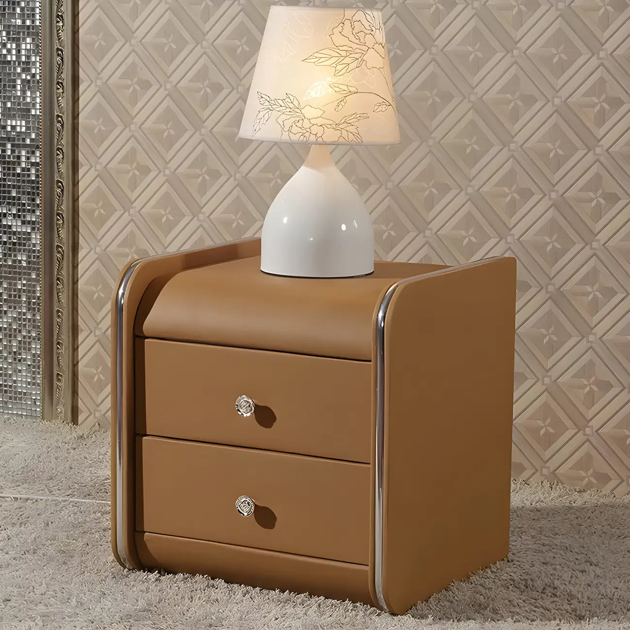 Table de chevet noire luxueuse en bois et cuir brillant, avec 2 tiroirs