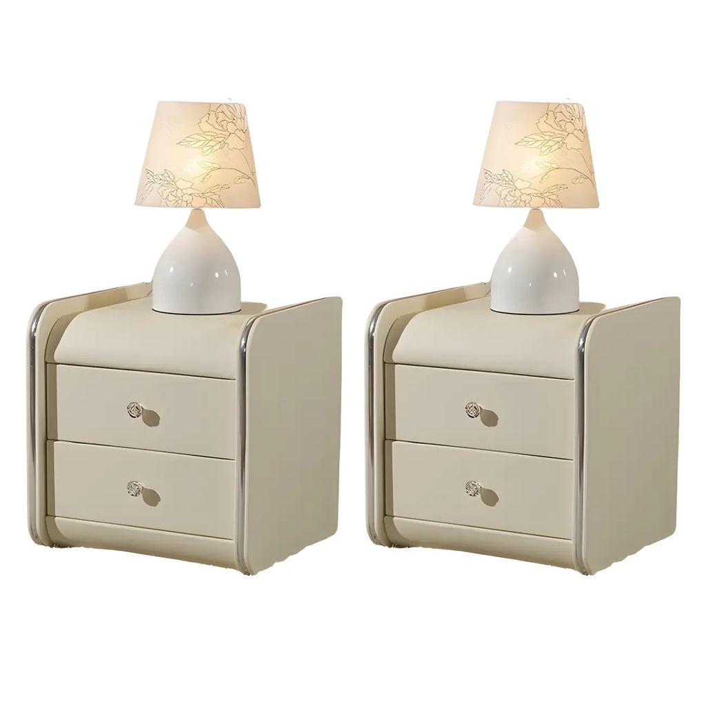 Table de chevet noire luxueuse en bois et cuir brillant, avec 2 tiroirs