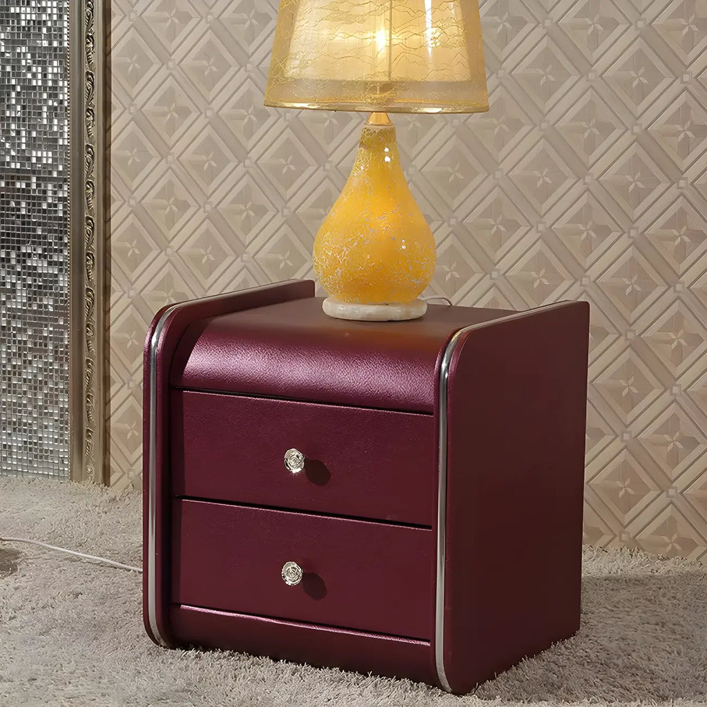 Table de chevet noire luxueuse en bois et cuir brillant, avec 2 tiroirs