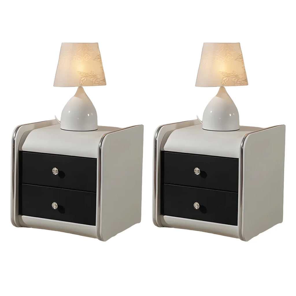 Table de chevet noire luxueuse en bois et cuir brillant, avec 2 tiroirs