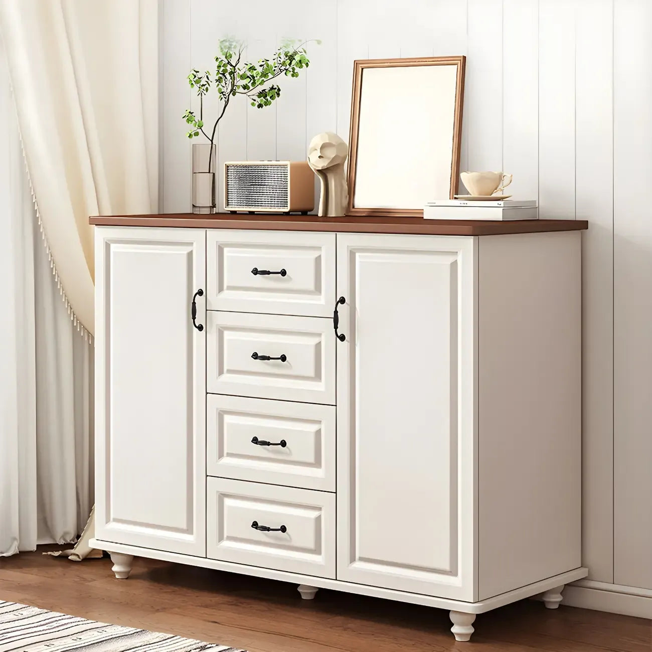 Commode combinée en bois blanc-brun et métal, style classique