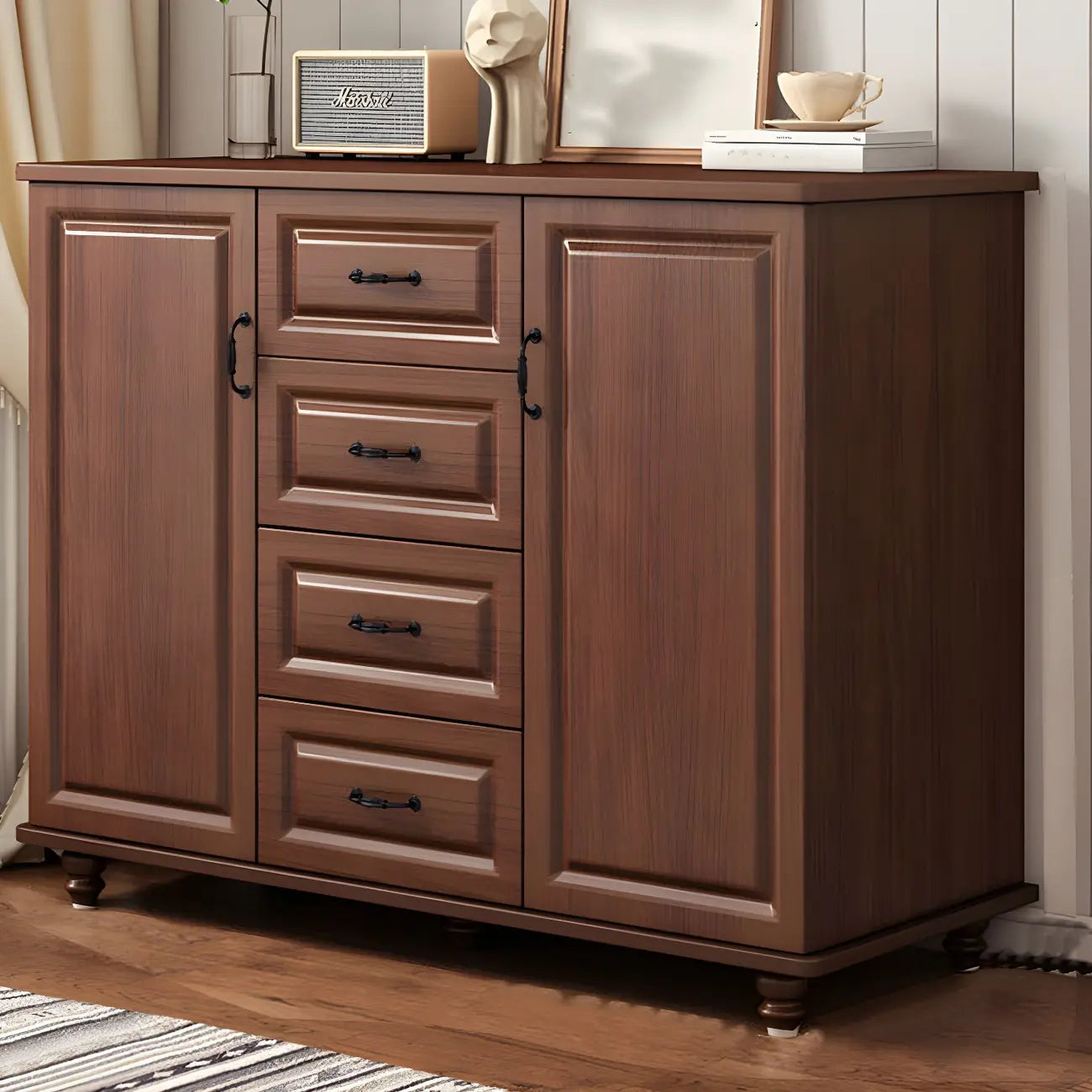 Commode combinée en bois blanc-brun et métal, style classique