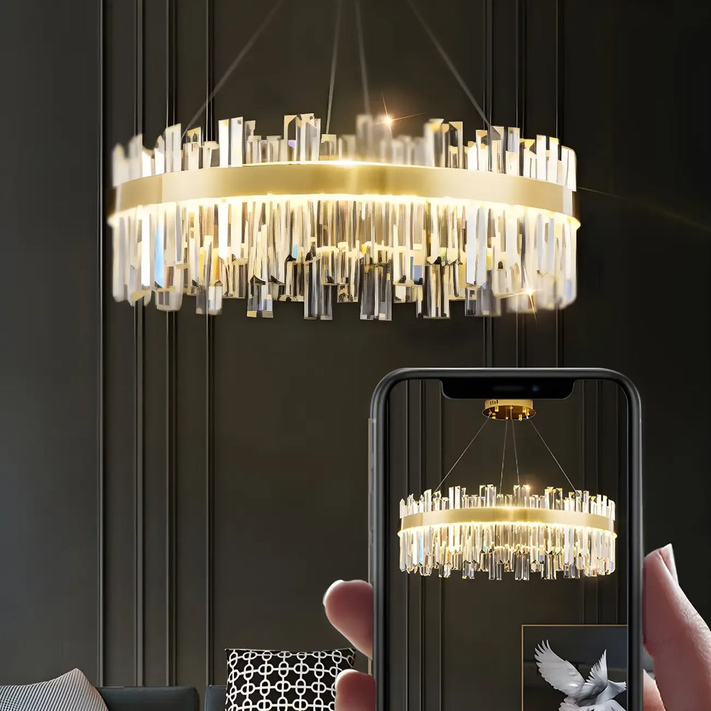 Lustre LED rond en cristal doré glamour pour salon