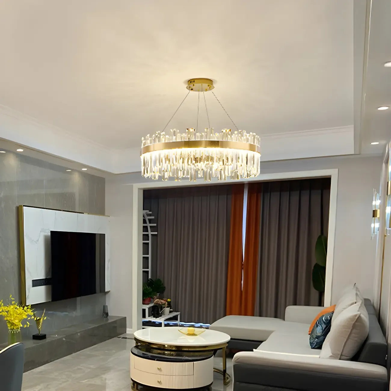 Lustre LED rond en cristal doré glamour pour salon