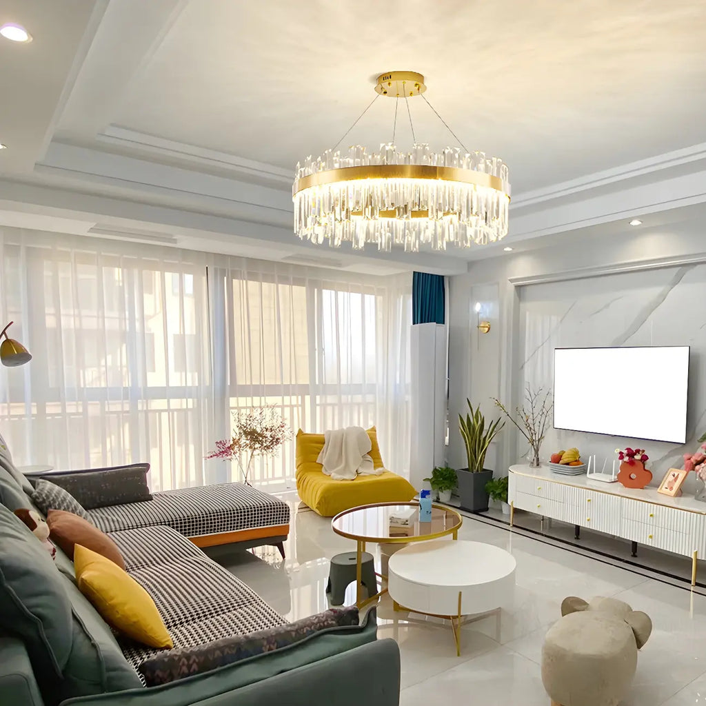 Lustre LED rond en cristal doré glamour pour salon