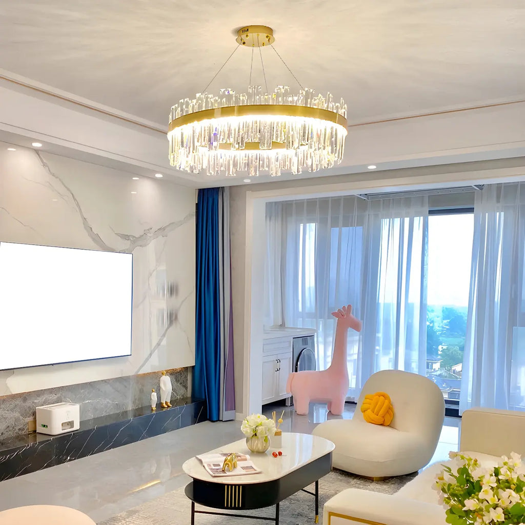 Lustre LED rond en cristal doré glamour pour salon