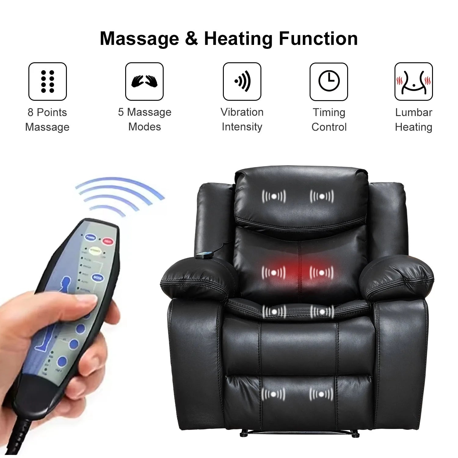 Fauteuil inclinable à large assise en cuir durable avec massage et chauffage