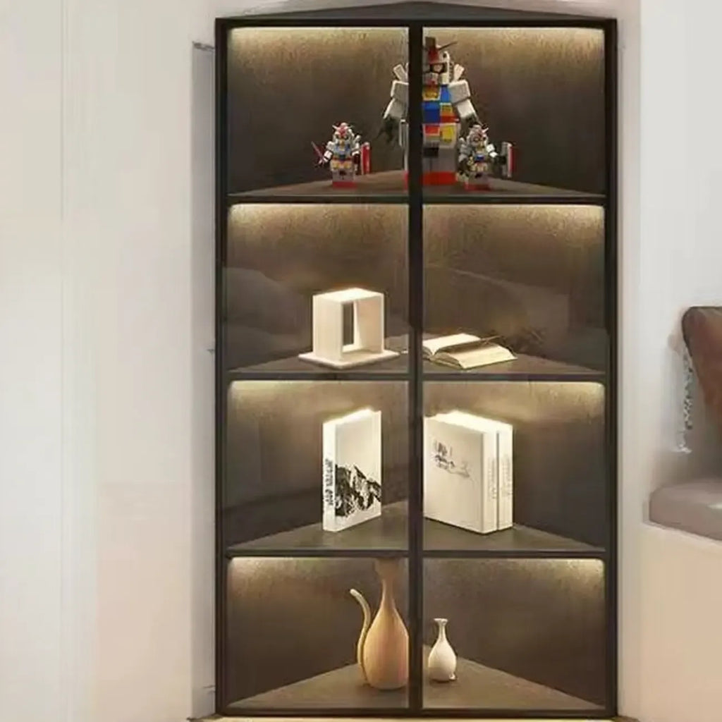 Vitrine d'angle moderne en métal gris et bois avec porte vitrée