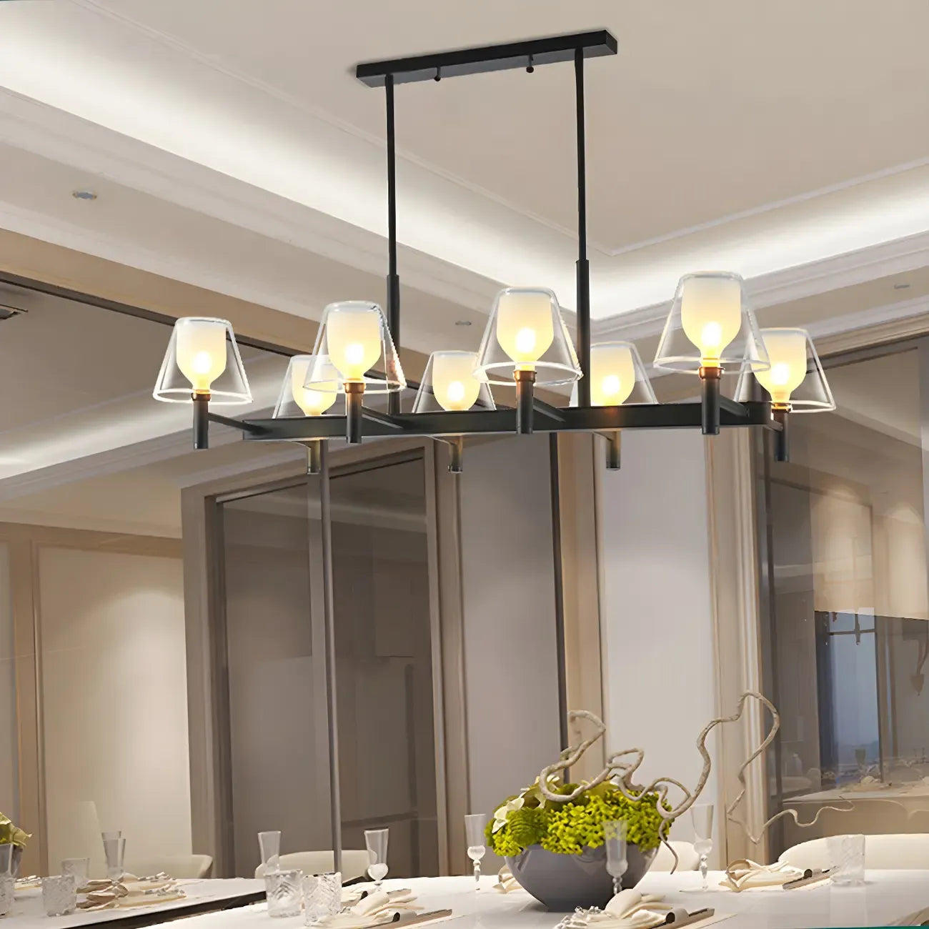 Grand luminaire suspendu de cuisine moderne en verre en forme de cône