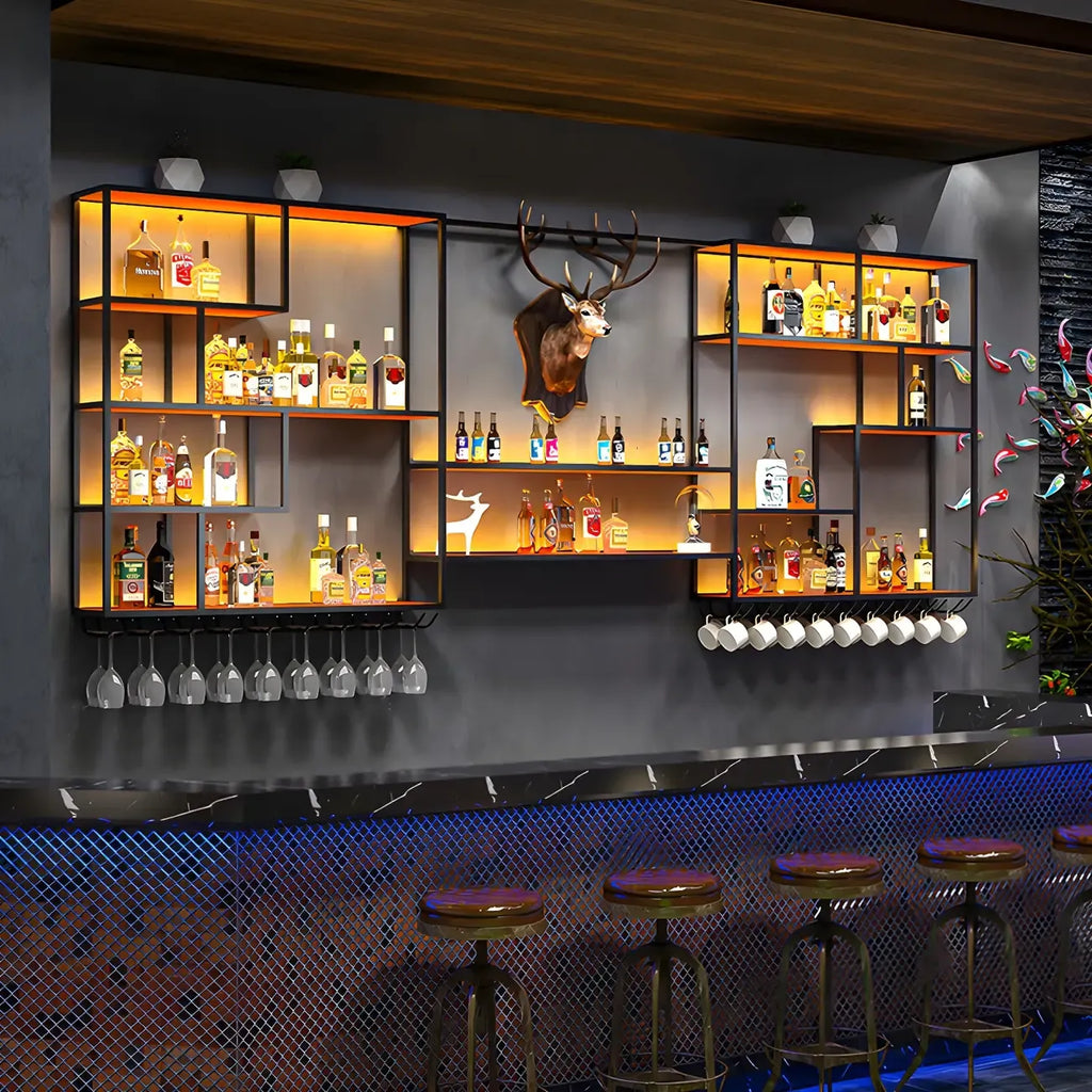 Porte-bouteilles mural en métal noir avec support pour verres à pied