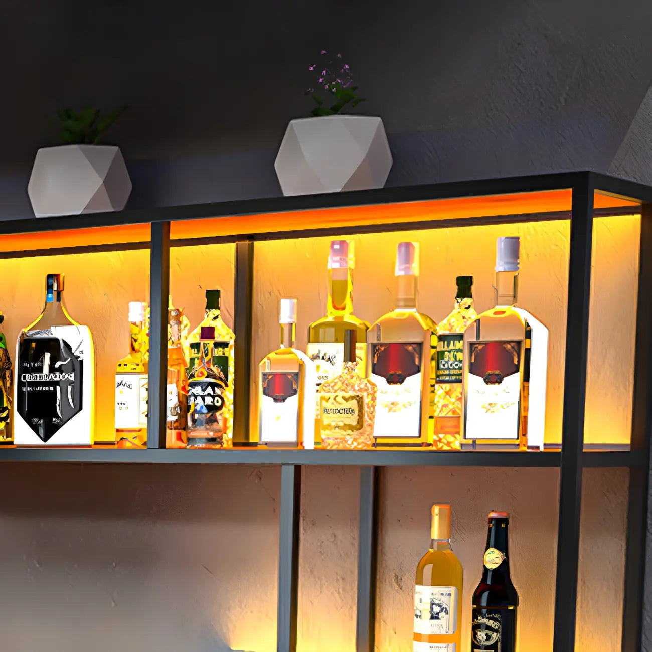 Porte-bouteilles mural en métal noir avec support pour verres à pied