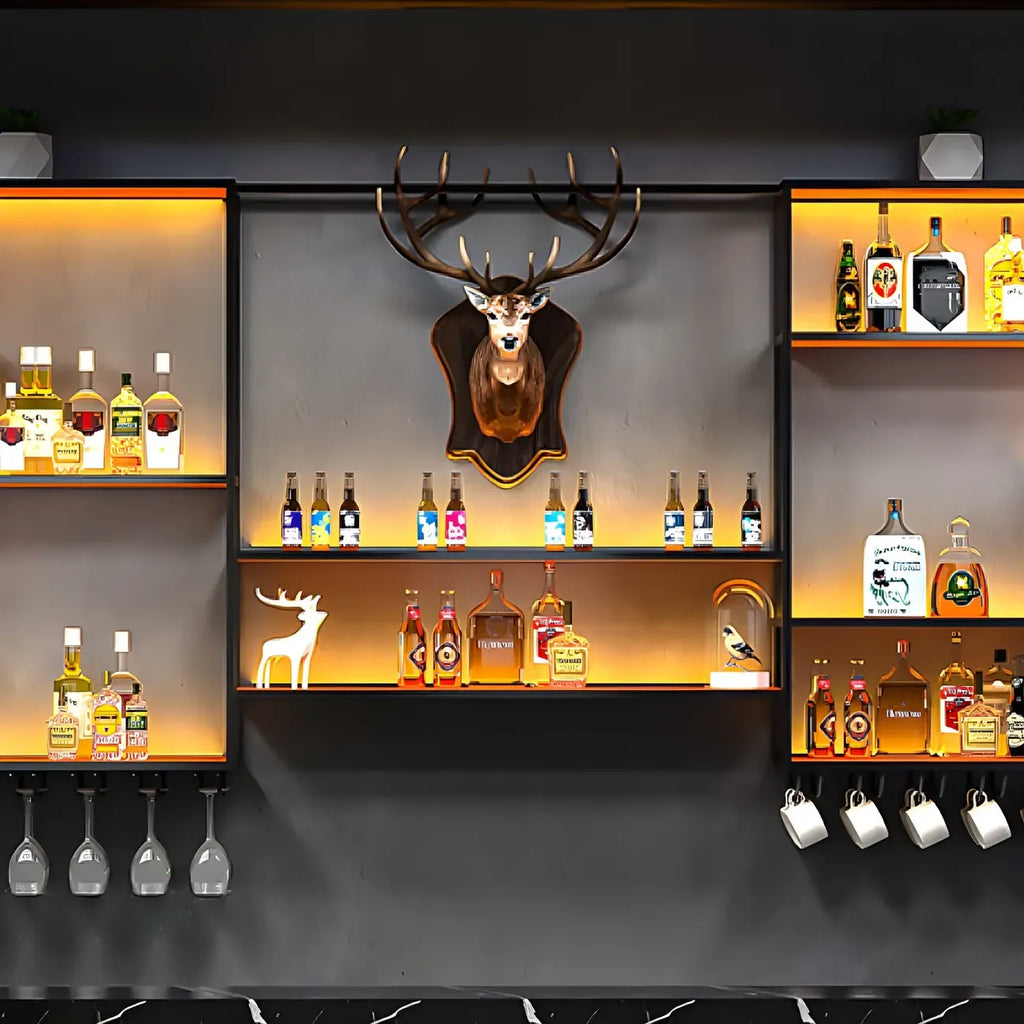 Porte-bouteilles mural en métal noir avec support pour verres à pied