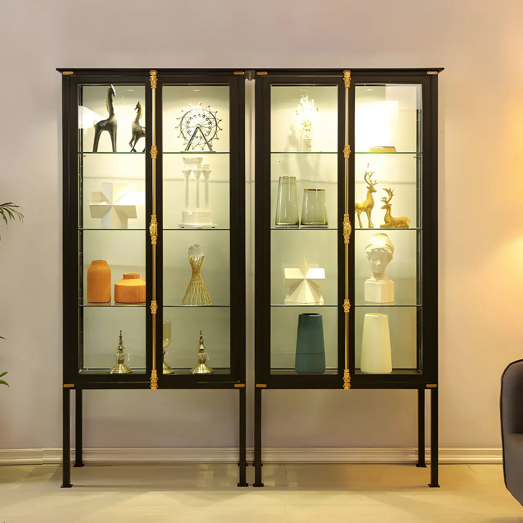 Vitrine lumineuse à étagères en verre et métal noir avec éclairage intégré
