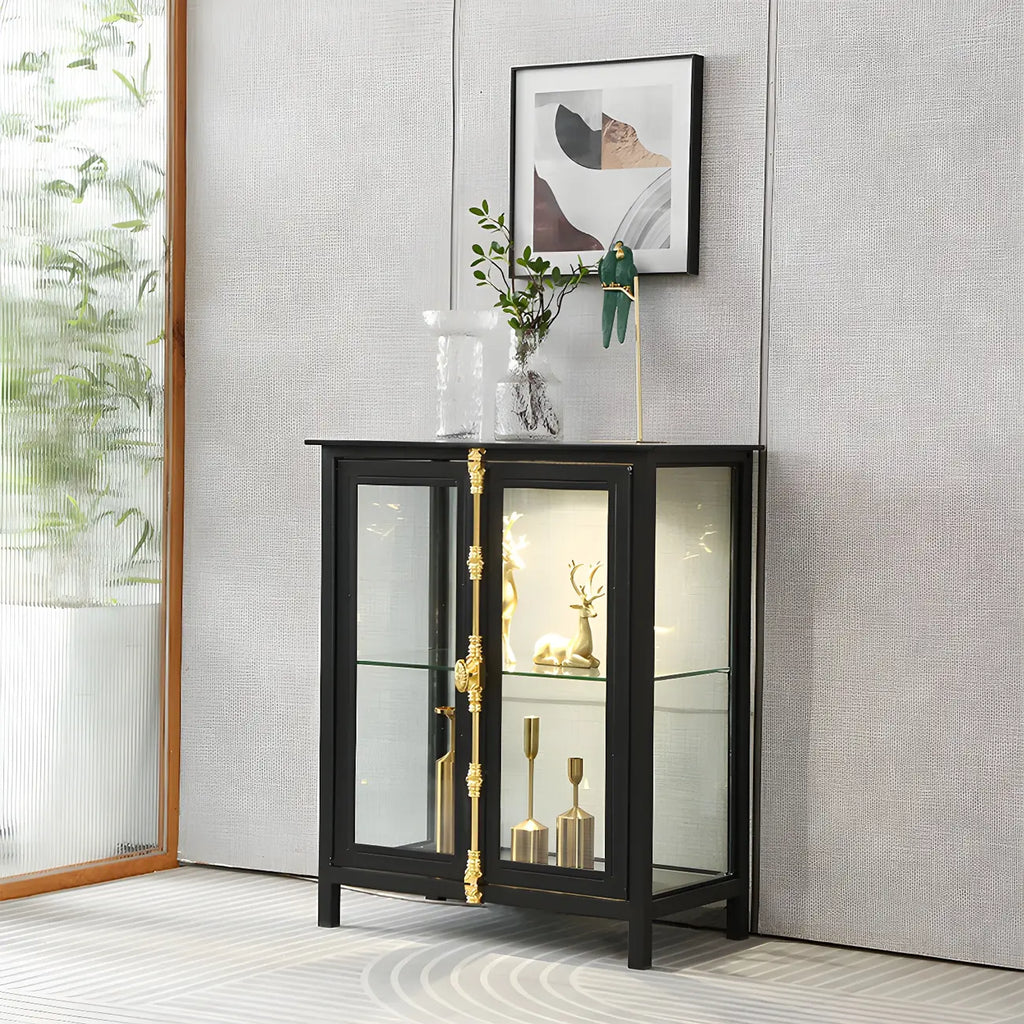 Vitrine lumineuse à étagères en verre et métal noir avec éclairage intégré