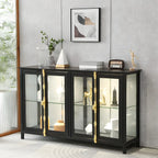 Vitrine lumineuse à étagères en verre et métal noir avec éclairage intégré