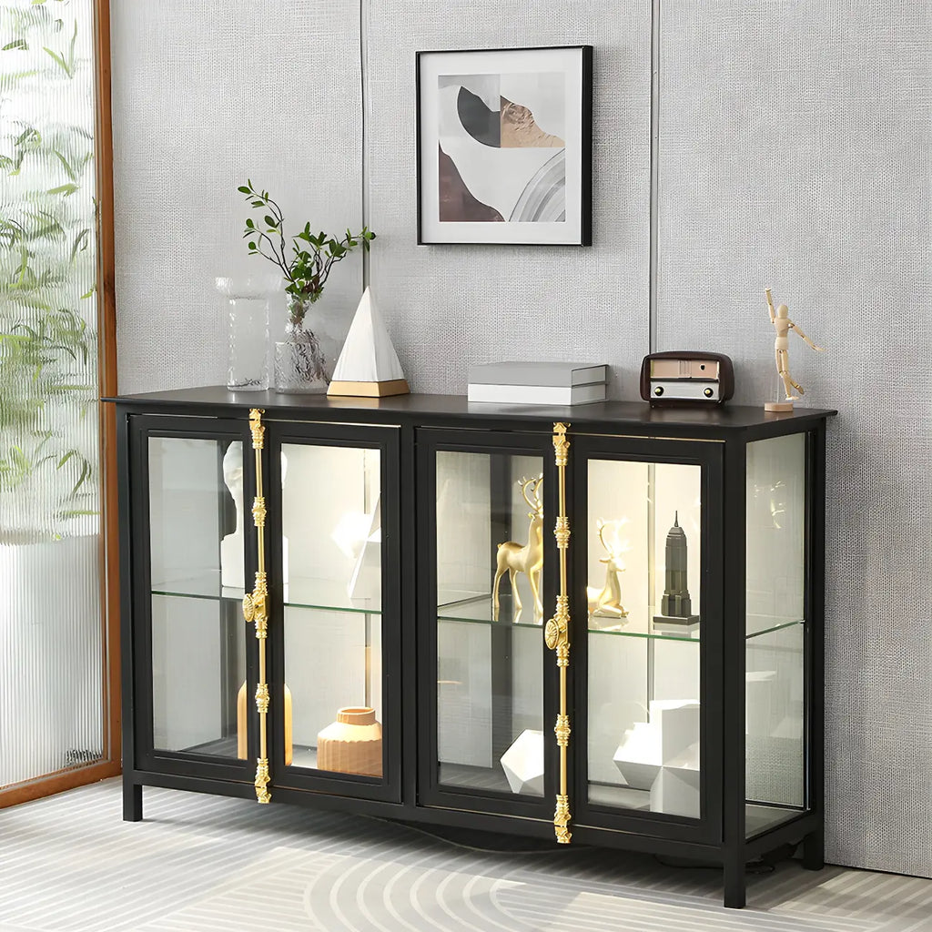 Vitrine lumineuse à étagères en verre et métal noir avec éclairage intégré