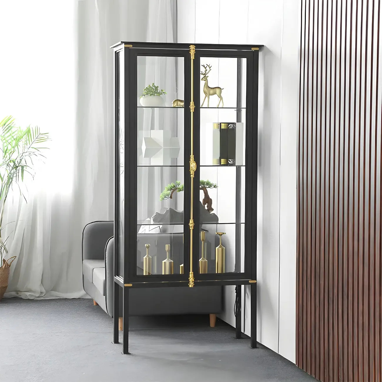 Vitrine lumineuse à étagères en verre et métal noir avec éclairage intégré