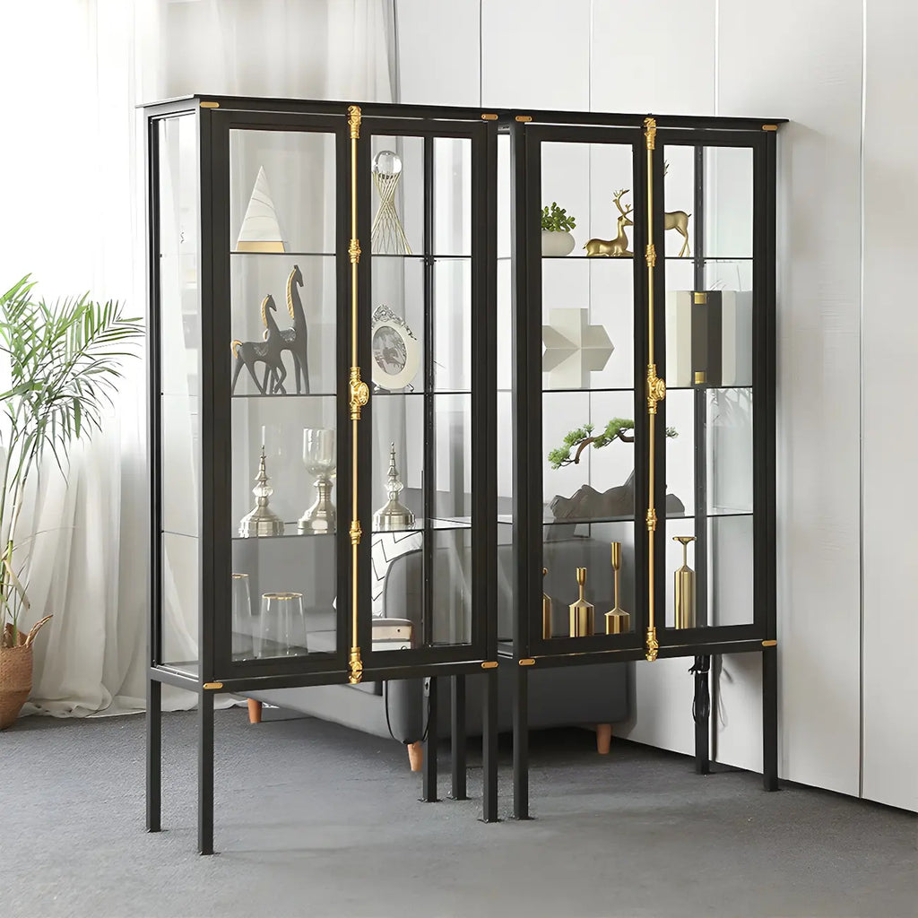 Vitrine lumineuse à étagères en verre et métal noir avec éclairage intégré