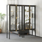 Vitrine lumineuse à étagères en verre et métal noir avec éclairage intégré