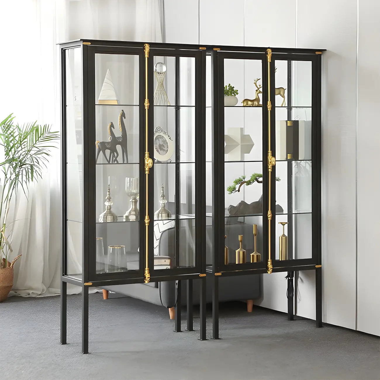 Vitrine lumineuse à étagères en verre et métal noir avec éclairage intégré