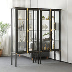 Vitrine lumineuse à étagères en verre et métal noir avec éclairage intégré