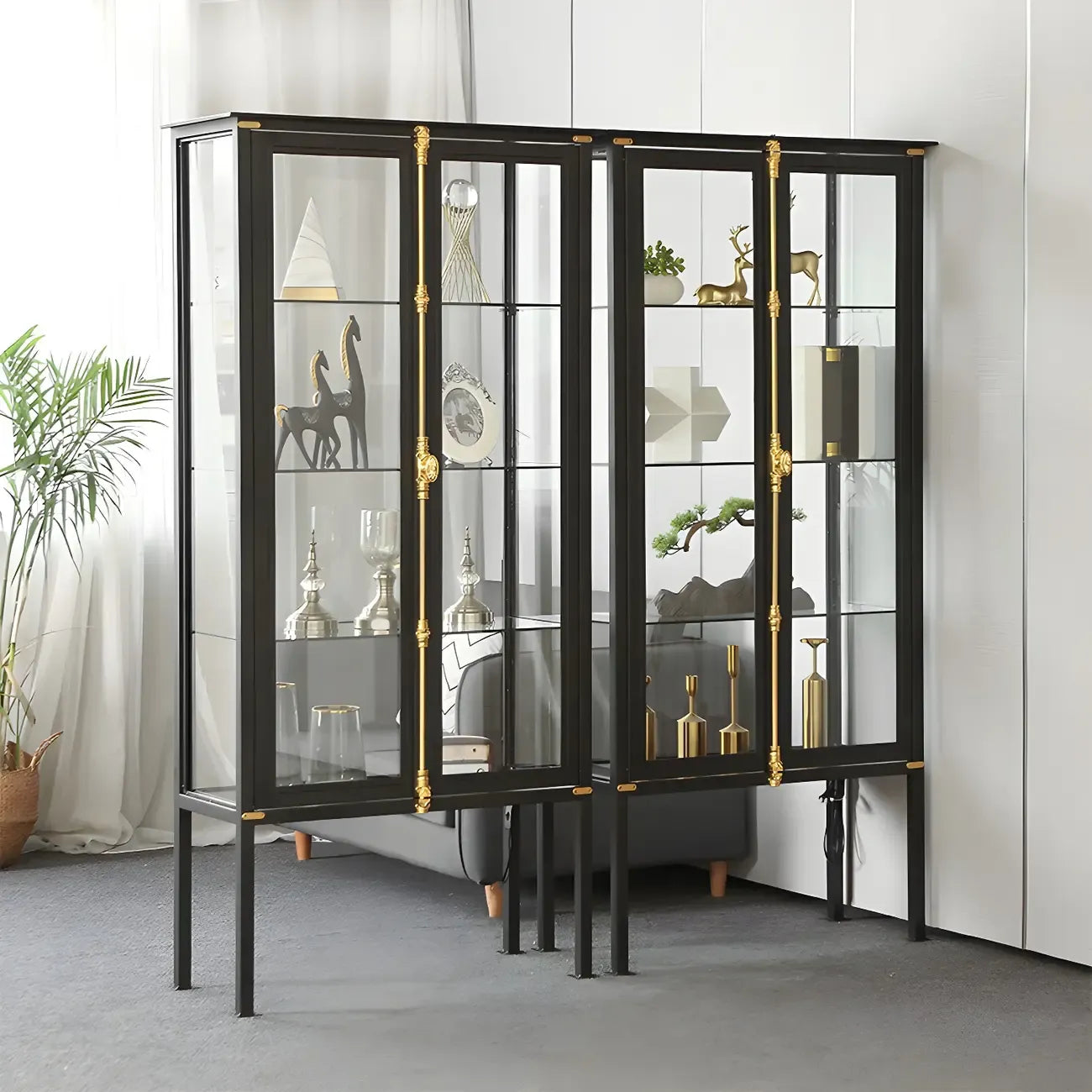 Vitrine lumineuse à étagères en verre et métal noir avec éclairage intégré